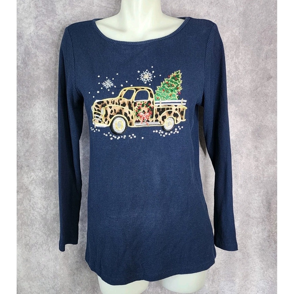 The Quacker‎ Factory Christmas Truck Tree Rhinestone Long Sleeve Top XS Waffle